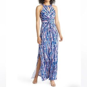 Eliza J Halter Neck Twist Front Blue Printed Maxi Dress Size 4